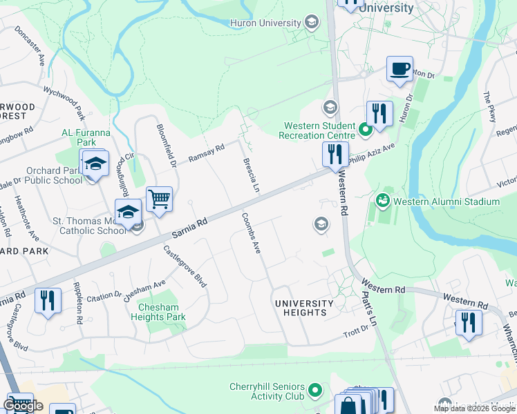 map of restaurants, bars, coffee shops, grocery stores, and more near 268 Sarnia Road in London