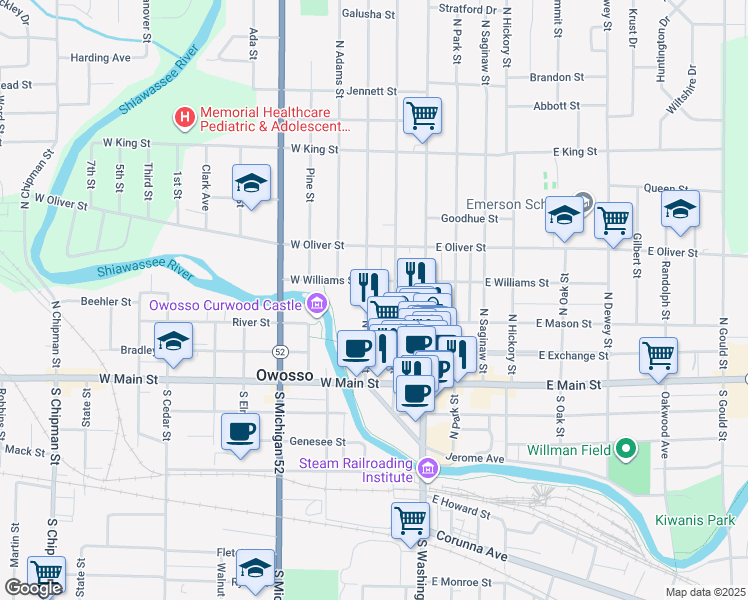 map of restaurants, bars, coffee shops, grocery stores, and more near 21 West Williams Street in Owosso