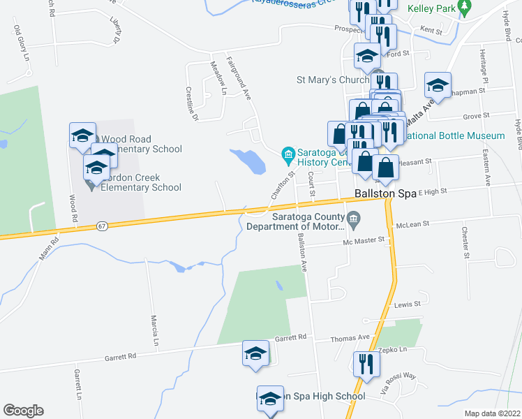 map of restaurants, bars, coffee shops, grocery stores, and more near 151 West High Street in Ballston Spa