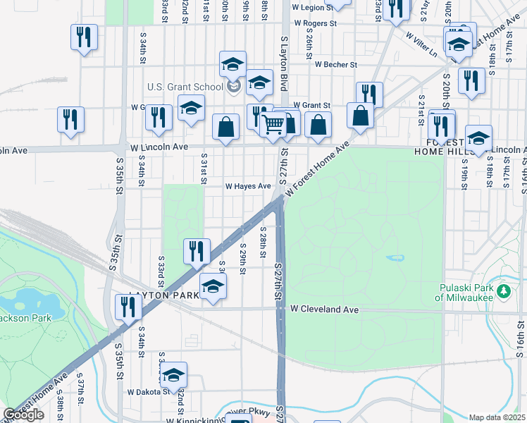 map of restaurants, bars, coffee shops, grocery stores, and more near W Forest Home Ave & S 28th St in Milwaukee