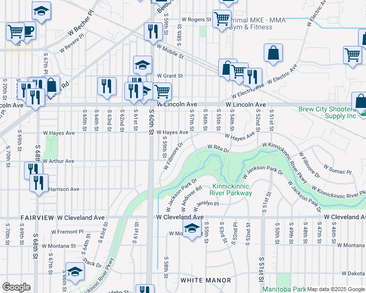 map of restaurants, bars, coffee shops, grocery stores, and more near 5707 West Fillmore Drive in West Allis