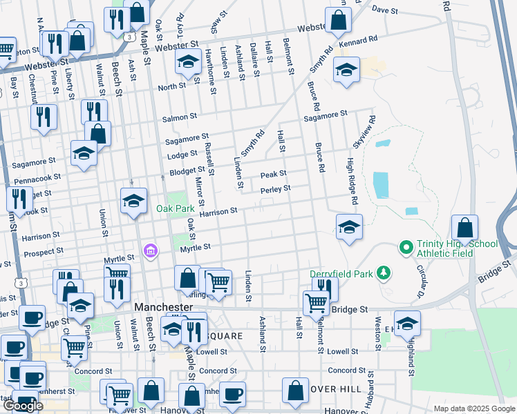 map of restaurants, bars, coffee shops, grocery stores, and more near 270 Harrison Street in Manchester
