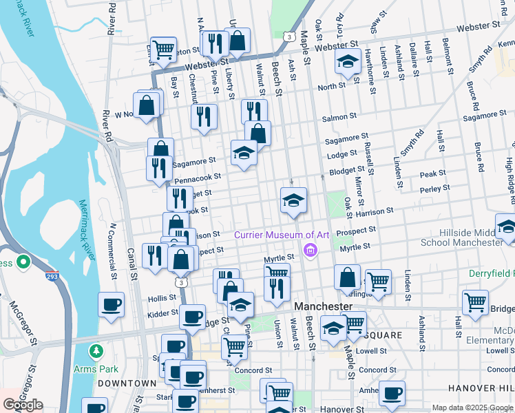 map of restaurants, bars, coffee shops, grocery stores, and more near 110 Brook Street in Manchester
