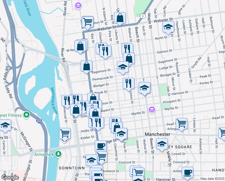 map of restaurants, bars, coffee shops, grocery stores, and more near 48 Brook Street in Manchester