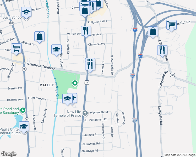 map of restaurants, bars, coffee shops, grocery stores, and more near 130 East Seneca Turnpike in Syracuse