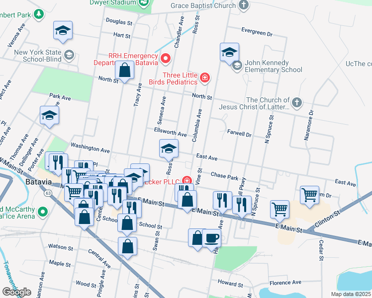 map of restaurants, bars, coffee shops, grocery stores, and more near 118 Ross Street in Batavia