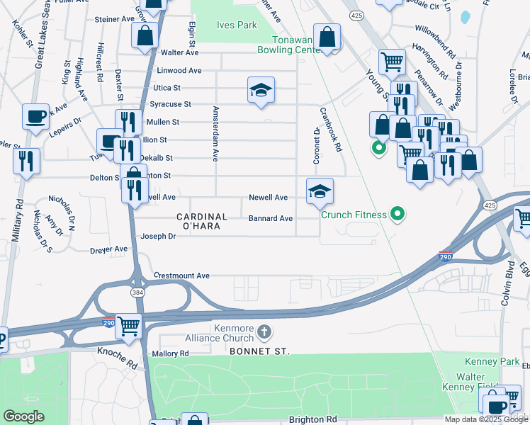 map of restaurants, bars, coffee shops, grocery stores, and more near 215 Newell Avenue in Tonawanda