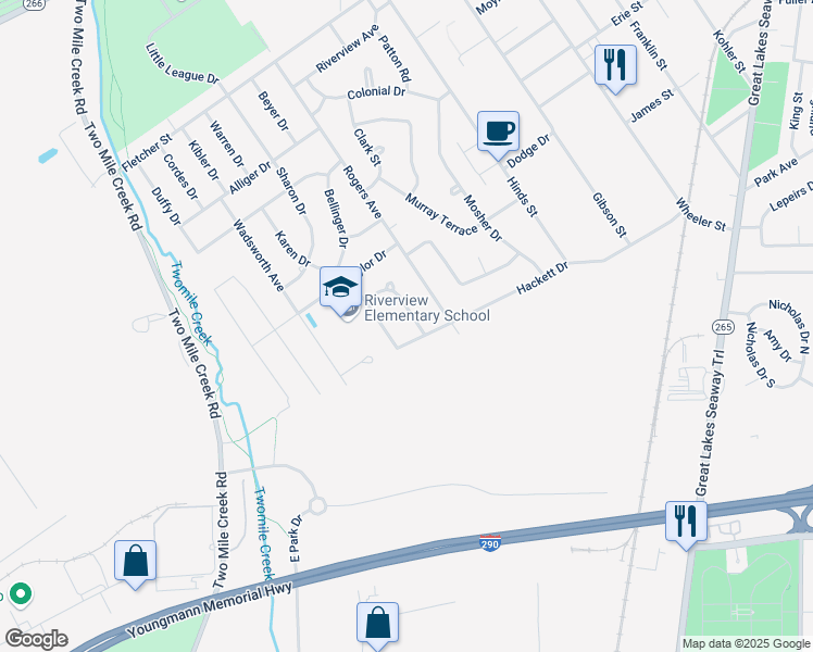 map of restaurants, bars, coffee shops, grocery stores, and more near 17 Plymouth Drive in Tonawanda