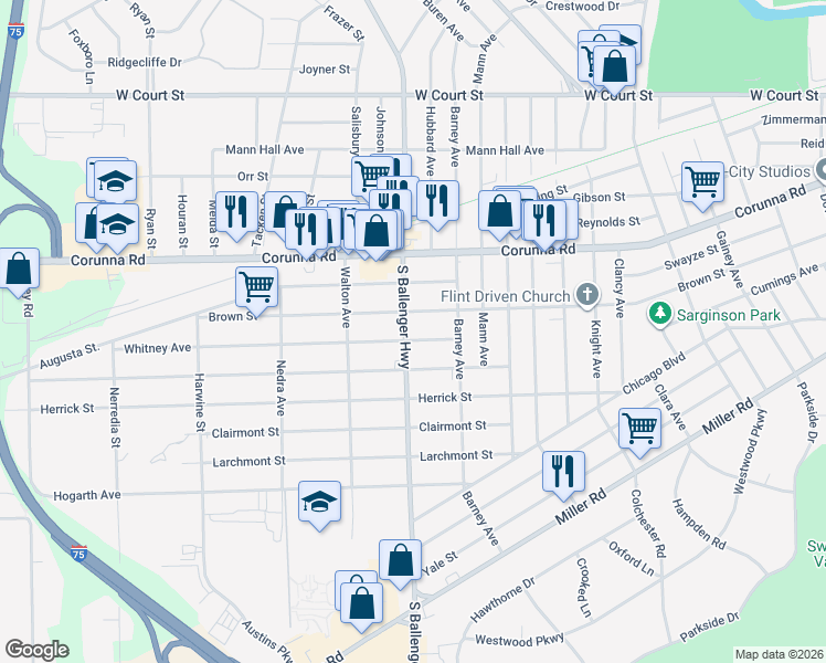 map of restaurants, bars, coffee shops, grocery stores, and more near 3521 Brown Street in Flint