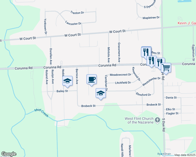 map of restaurants, bars, coffee shops, grocery stores, and more near 2044 Cambrian Drive in Flint