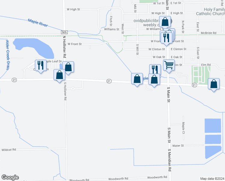 map of restaurants, bars, coffee shops, grocery stores, and more near 9430 Michigan 21 in Ovid