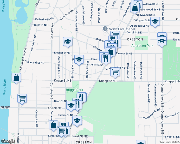 map of restaurants, bars, coffee shops, grocery stores, and more near 2041 Paris Avenue Northeast in Grand Rapids