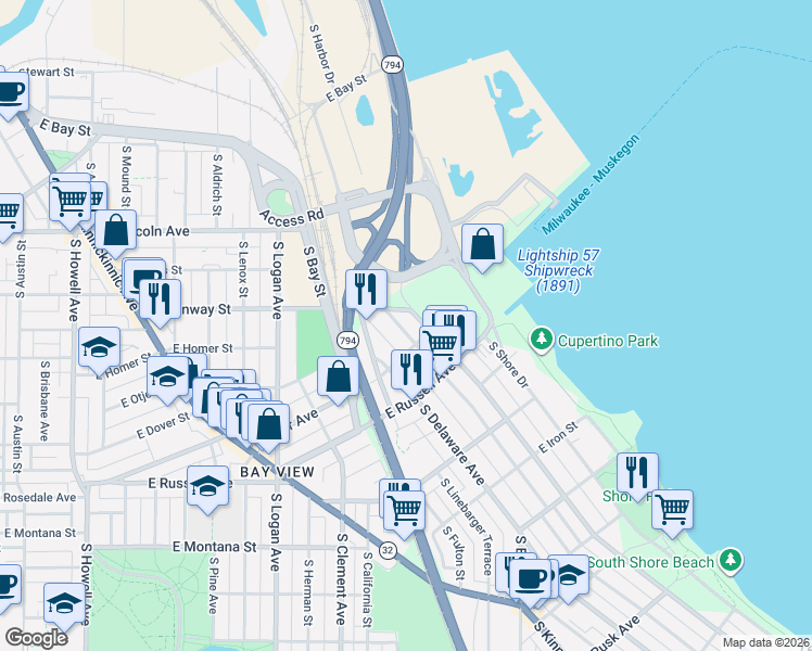 map of restaurants, bars, coffee shops, grocery stores, and more near 2421 South Superior Street in Milwaukee