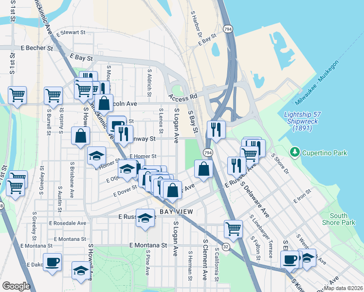 map of restaurants, bars, coffee shops, grocery stores, and more near 939 East Conway Street in Milwaukee