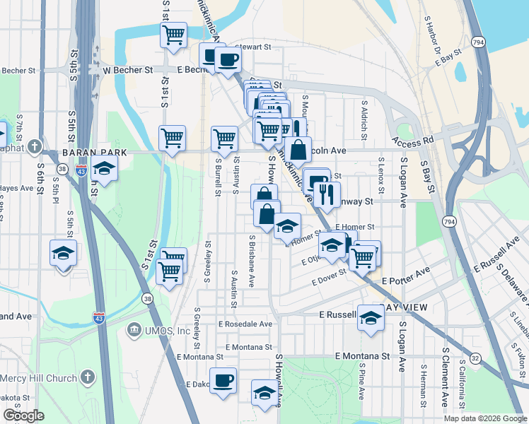 map of restaurants, bars, coffee shops, grocery stores, and more near 2422-2424 South Howell Avenue in Milwaukee
