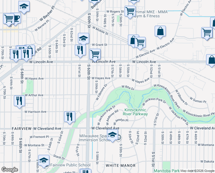 map of restaurants, bars, coffee shops, grocery stores, and more near 5707 West Fillmore Drive in West Allis