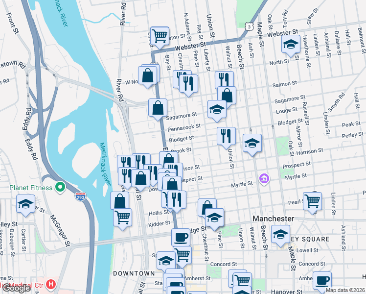 map of restaurants, bars, coffee shops, grocery stores, and more near 23 Blodget Street in Manchester