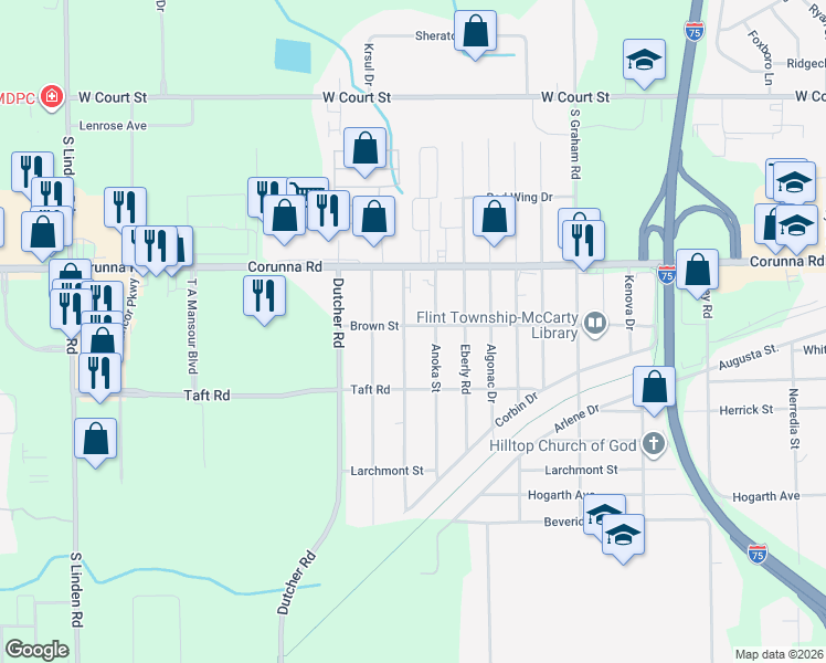 map of restaurants, bars, coffee shops, grocery stores, and more near 2052 Monaco Street in Flint