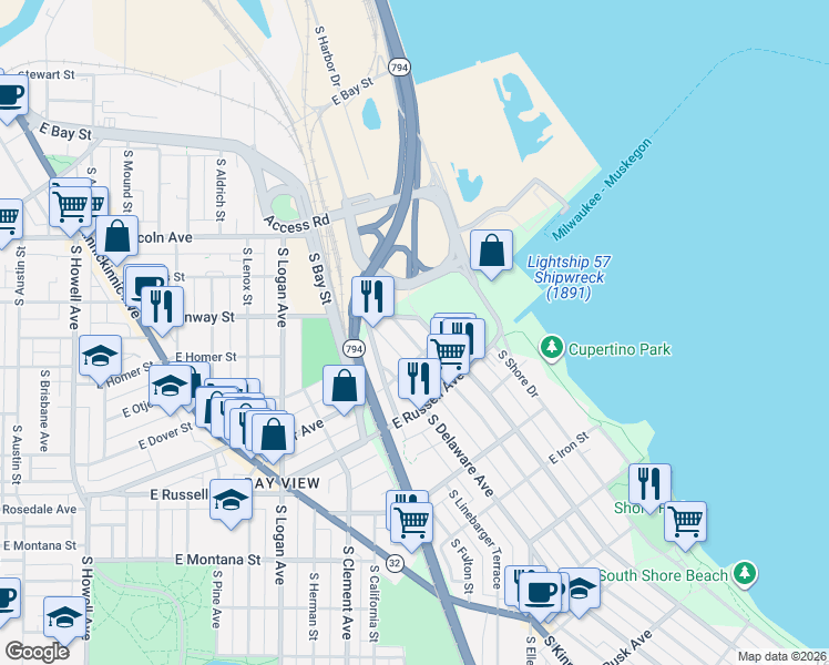 map of restaurants, bars, coffee shops, grocery stores, and more near 2421 South Superior Street in Milwaukee