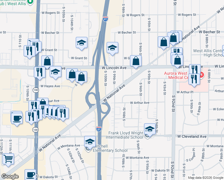 map of restaurants, bars, coffee shops, grocery stores, and more near 9902 West National Avenue in West Allis