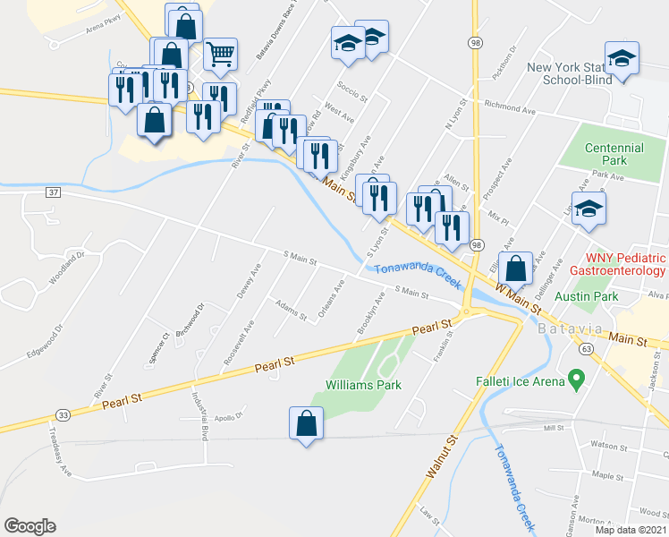 map of restaurants, bars, coffee shops, grocery stores, and more near 130 South Main Street in Batavia