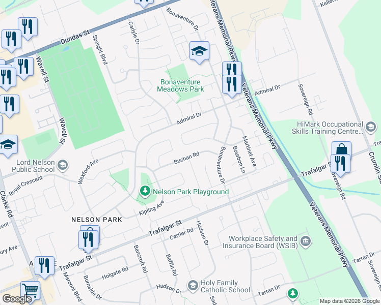 map of restaurants, bars, coffee shops, grocery stores, and more near 102 Napoleon Drive in London
