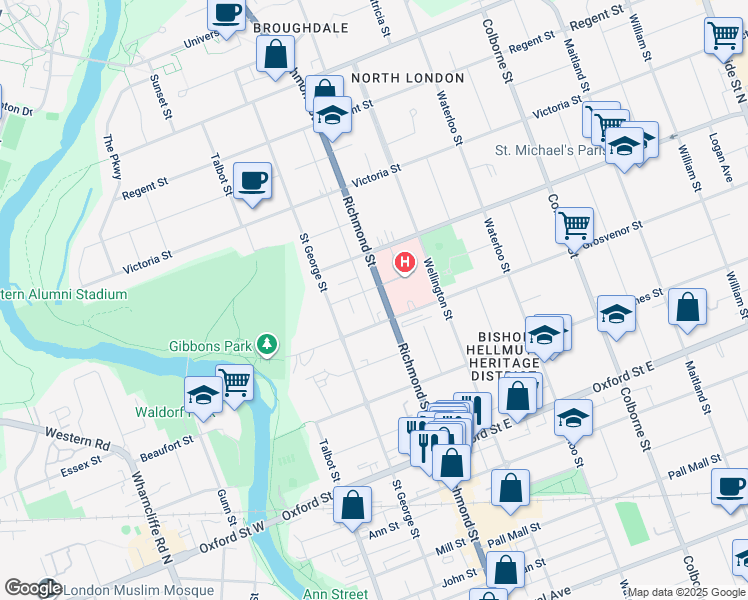 map of restaurants, bars, coffee shops, grocery stores, and more near 897 Richmond Street in London