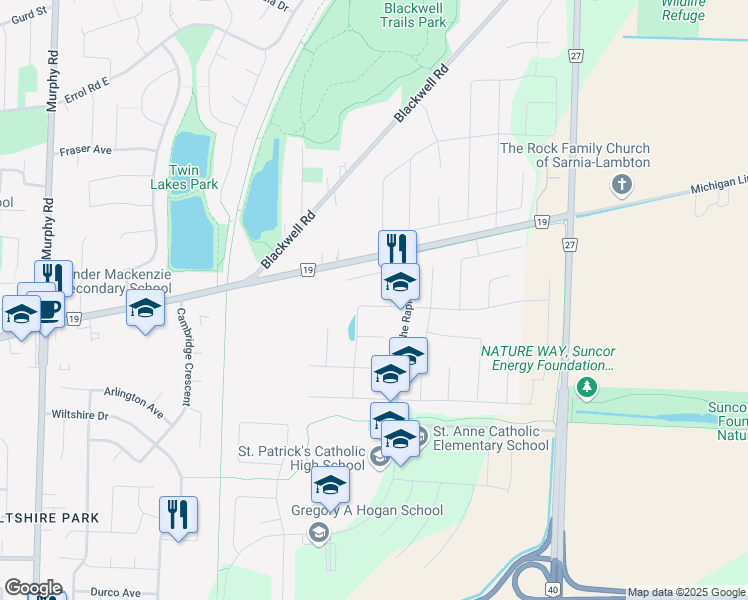 map of restaurants, bars, coffee shops, grocery stores, and more near 461 Autumn Breeze Drive in Sarnia