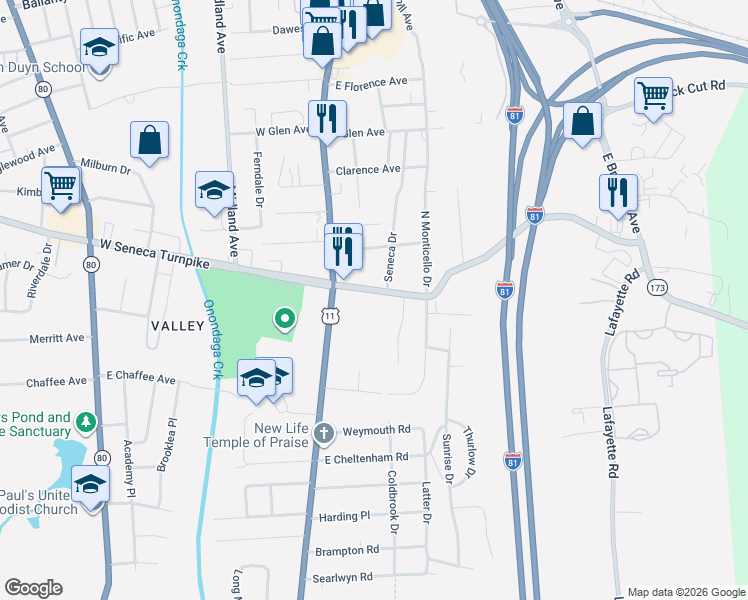 map of restaurants, bars, coffee shops, grocery stores, and more near 130 East Seneca Turnpike in Syracuse