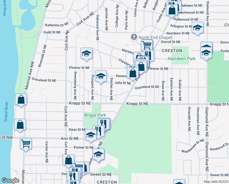 map of restaurants, bars, coffee shops, grocery stores, and more near 2041 Paris Avenue Northeast in Grand Rapids