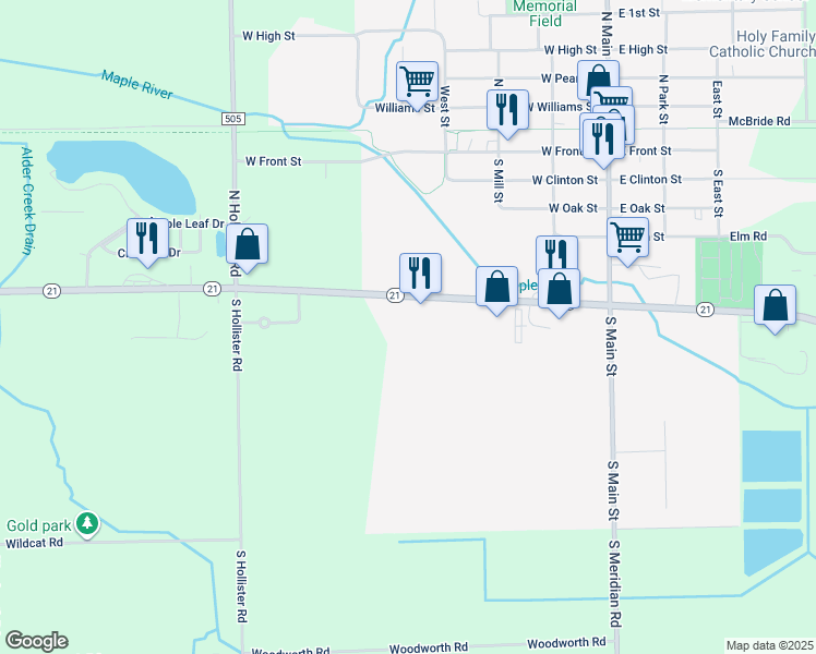 map of restaurants, bars, coffee shops, grocery stores, and more near 9430 Michigan 21 in Ovid