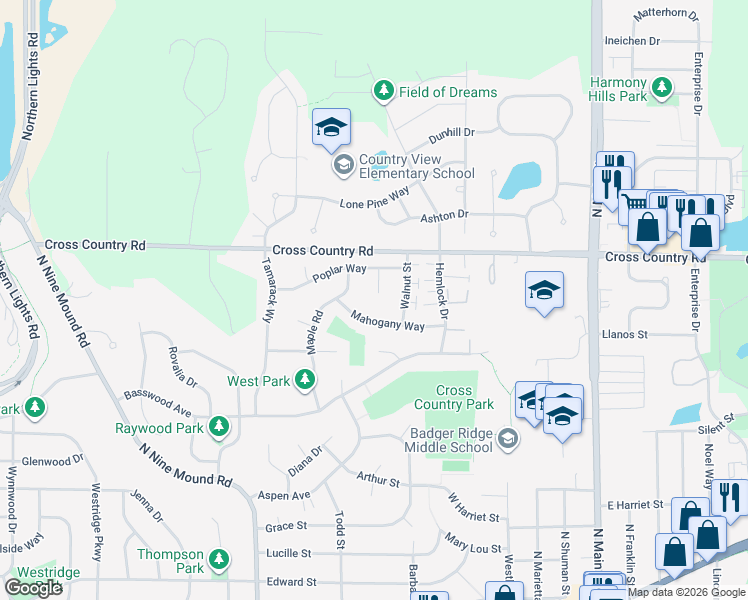 map of restaurants, bars, coffee shops, grocery stores, and more near 831 Cedar Court in Verona
