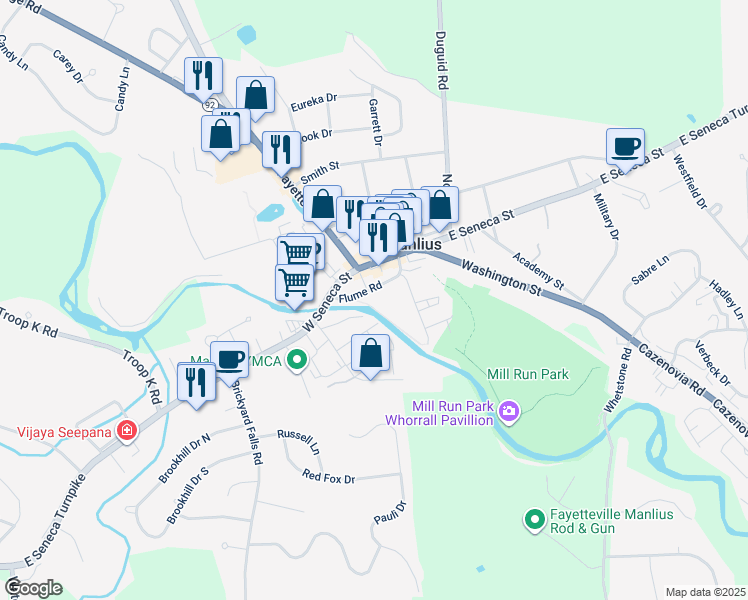 map of restaurants, bars, coffee shops, grocery stores, and more near 100 Flume Road in Manlius