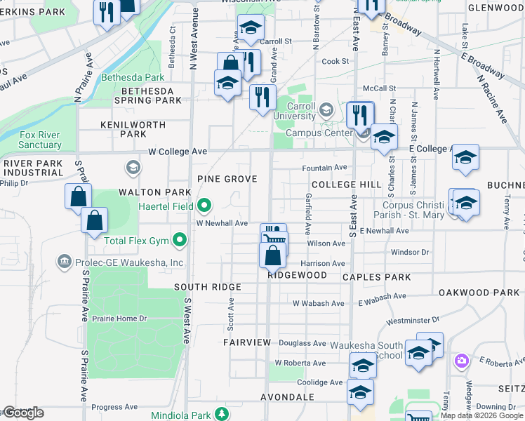 map of restaurants, bars, coffee shops, grocery stores, and more near 242 Hinman Avenue in Waukesha