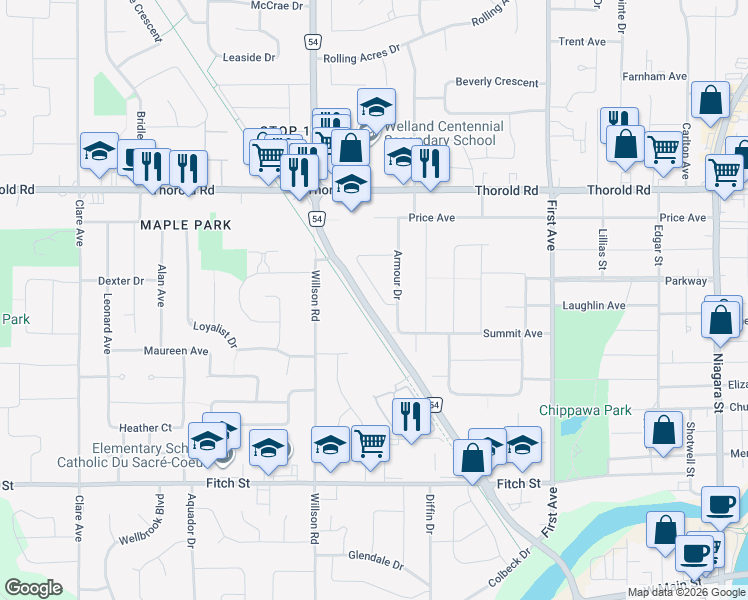 map of restaurants, bars, coffee shops, grocery stores, and more near 9 Claremount Circle in Welland