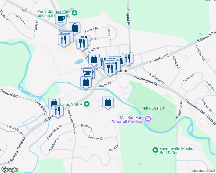 map of restaurants, bars, coffee shops, grocery stores, and more near 100 Flume Road in Manlius