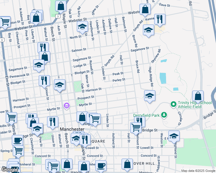 map of restaurants, bars, coffee shops, grocery stores, and more near 270 Harrison Street in Manchester