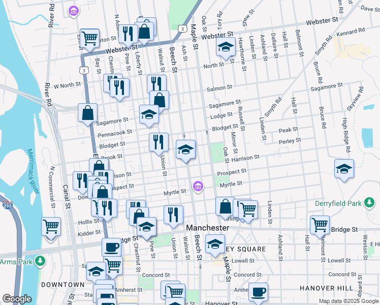 map of restaurants, bars, coffee shops, grocery stores, and more near 135 Brook Street in Manchester