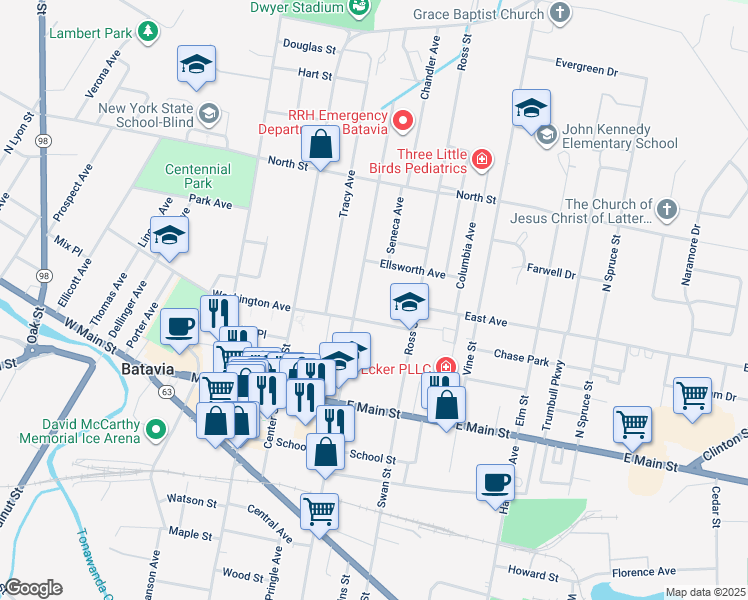 map of restaurants, bars, coffee shops, grocery stores, and more near 114 Summit Street in Batavia