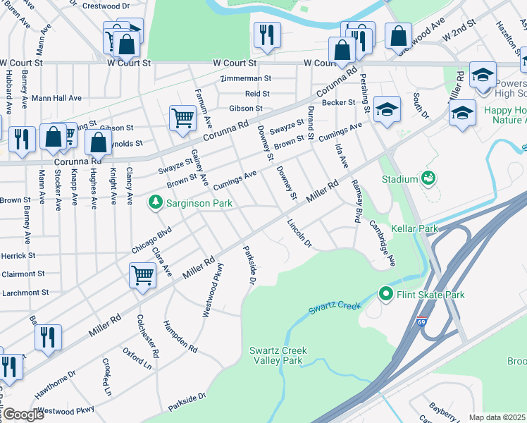 map of restaurants, bars, coffee shops, grocery stores, and more near 2409 Chicago Boulevard in Flint