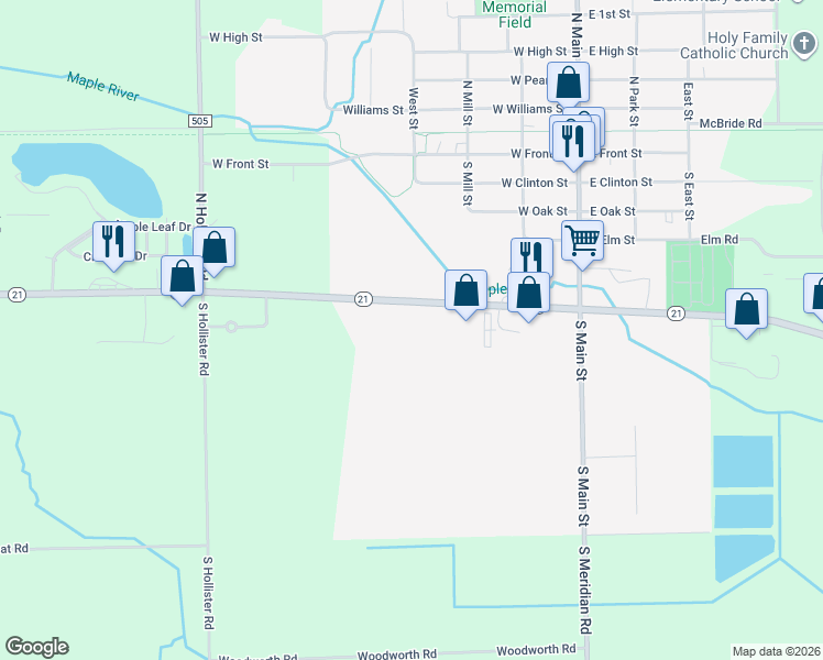 map of restaurants, bars, coffee shops, grocery stores, and more near 9480 Michigan 21 in Ovid