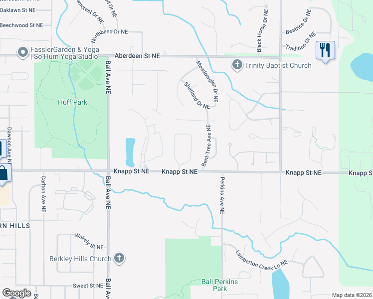 map of restaurants, bars, coffee shops, grocery stores, and more near 2104 East Wyndham Hill Drive Northeast in Grand Rapids