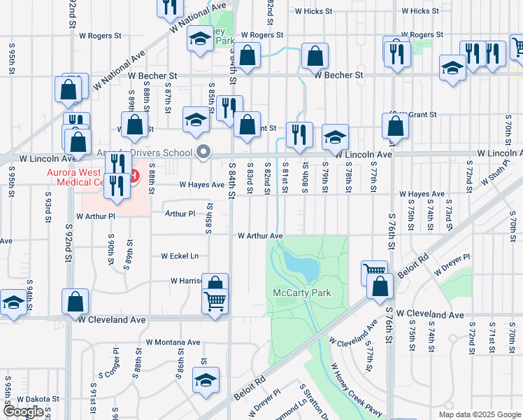 map of restaurants, bars, coffee shops, grocery stores, and more near 2421 South 82nd Street in West Allis