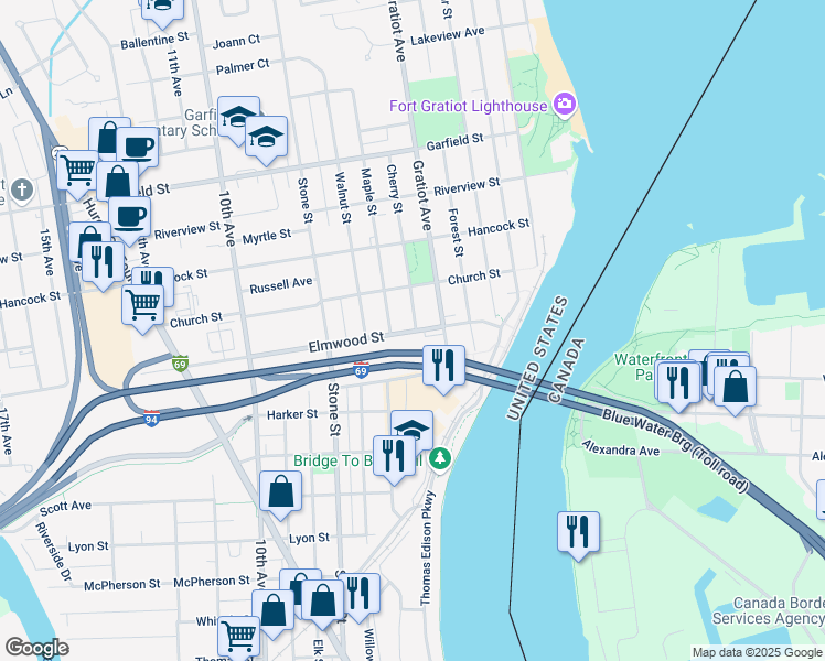 map of restaurants, bars, coffee shops, grocery stores, and more near 815 Elmwood St in Port Huron