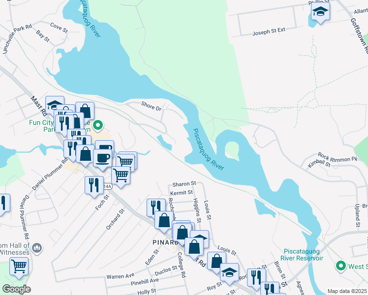 map of restaurants, bars, coffee shops, grocery stores, and more near 12 Circle Drive in Goffstown