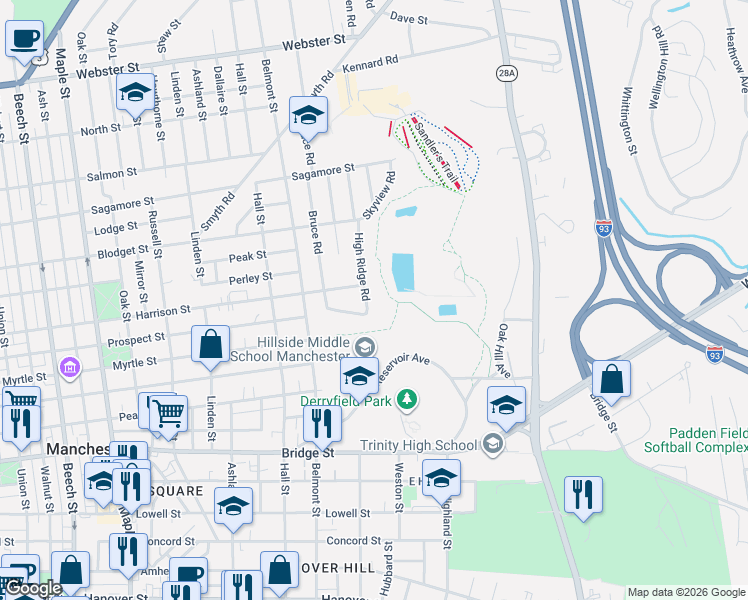 map of restaurants, bars, coffee shops, grocery stores, and more near 33 High Ridge Road in Manchester