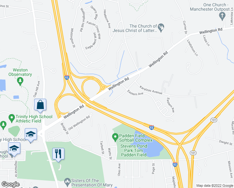 map of restaurants, bars, coffee shops, grocery stores, and more near 500 Old Wellington Road in Manchester