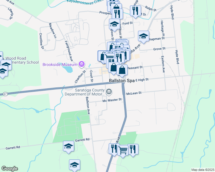 map of restaurants, bars, coffee shops, grocery stores, and more near 45 West High Street in Ballston Spa