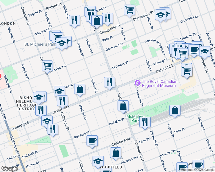 map of restaurants, bars, coffee shops, grocery stores, and more near 590 Oxford Street East in London