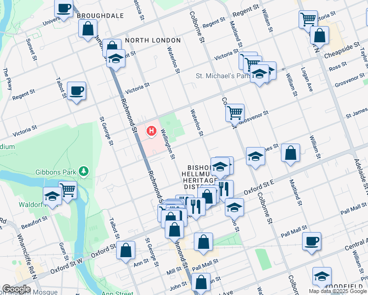 map of restaurants, bars, coffee shops, grocery stores, and more near 879 Hellmuth Avenue in London